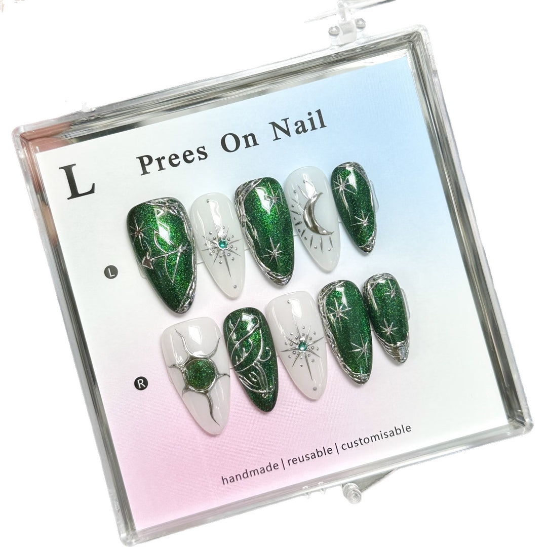 Artistic Press-On Nail Set with Green Glitter and Gem Accents