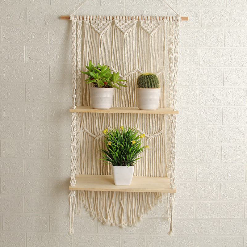 Decorative Wall-Mounted Macrame Shelf with Natural Wooden Accents Kalsten