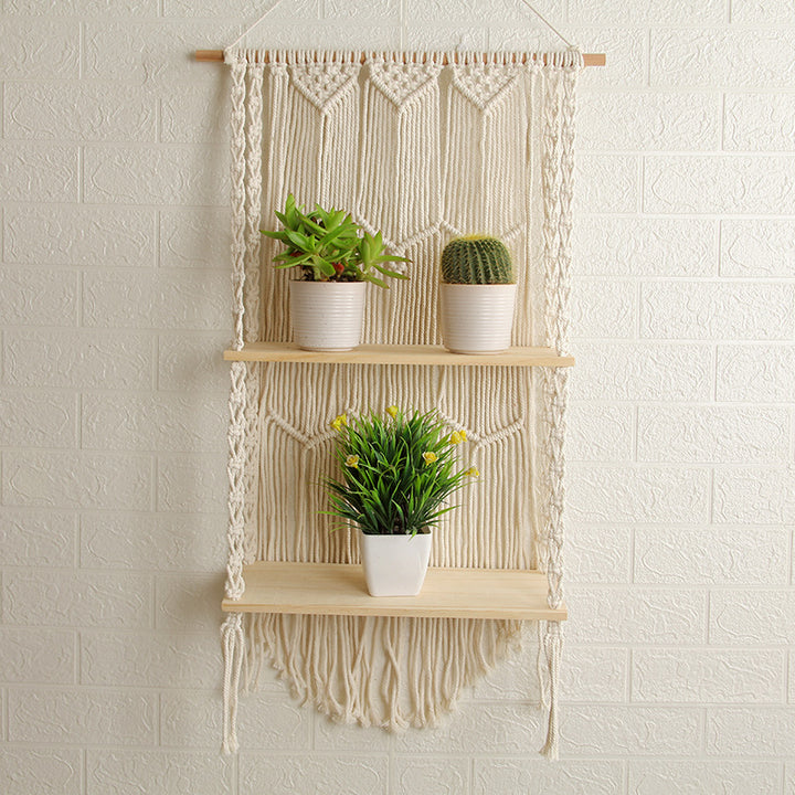 Decorative Wall-Mounted Macrame Shelf with Natural Wooden Accents Kalsten