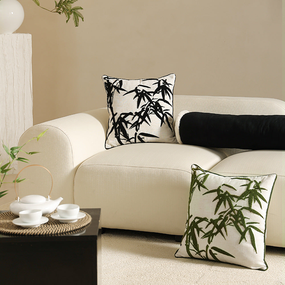Decorative linen pillow with embroidered bamboo motif Kalsten