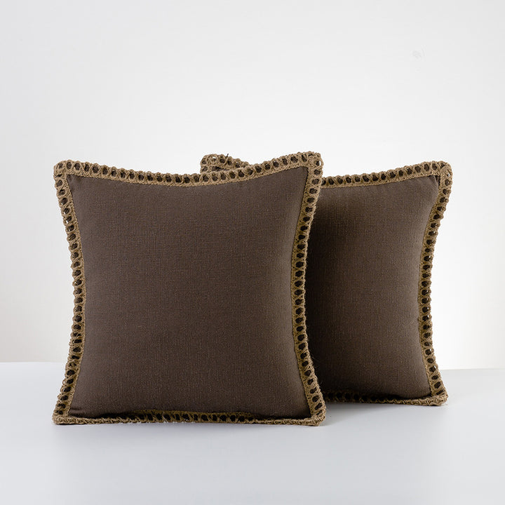 Decorative Linen Throw Pillow Pair with Braided Fringe Trim