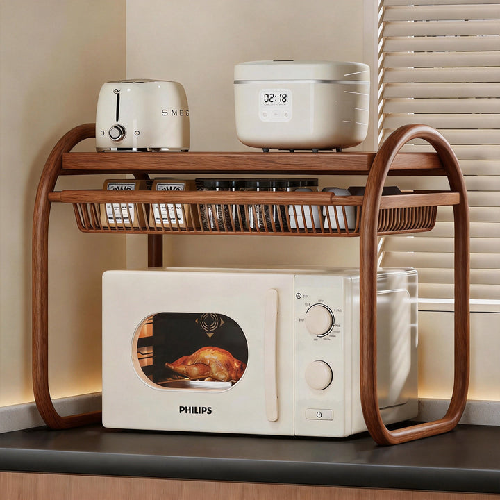 Kitchen Microwave Storage Rack with Sliding Wire Basket and Wooden Top
