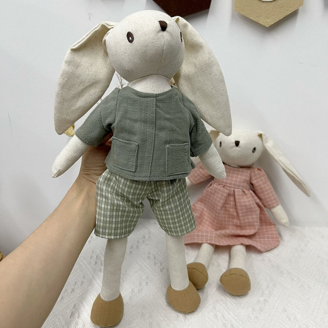 Soft Long‑Leg Linen Bunny Plush with Checkered Collar and Gathered Overalls
