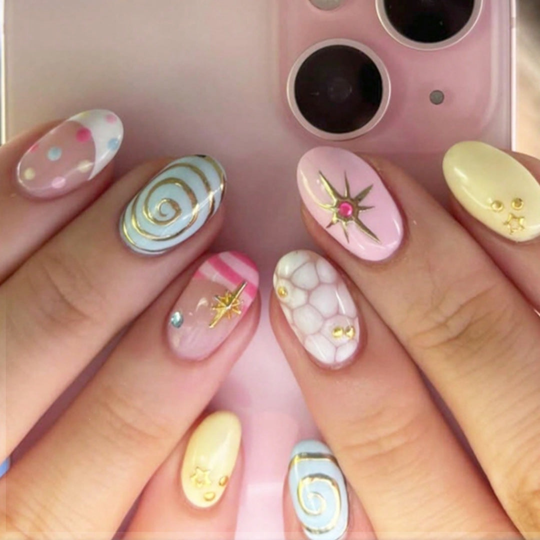 Acrylic nail set with creative designs and sparkling embellishments Kalsten