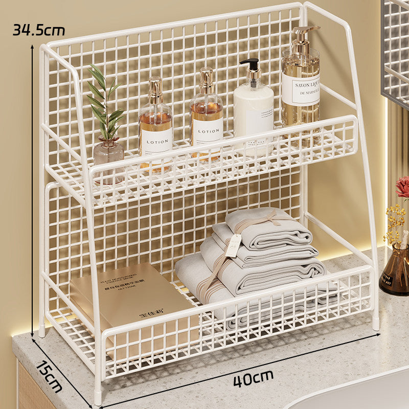 Angled Desktop Mesh Vanity and Countertop Organizer with Three Wire-Tier Baskets and Grid Back
