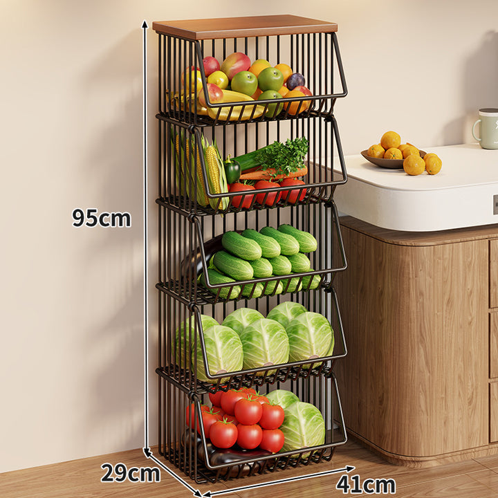 Compact Triple-Tier Rolling Wire Vegetable and Fruit Storage Cart with Wooden Top