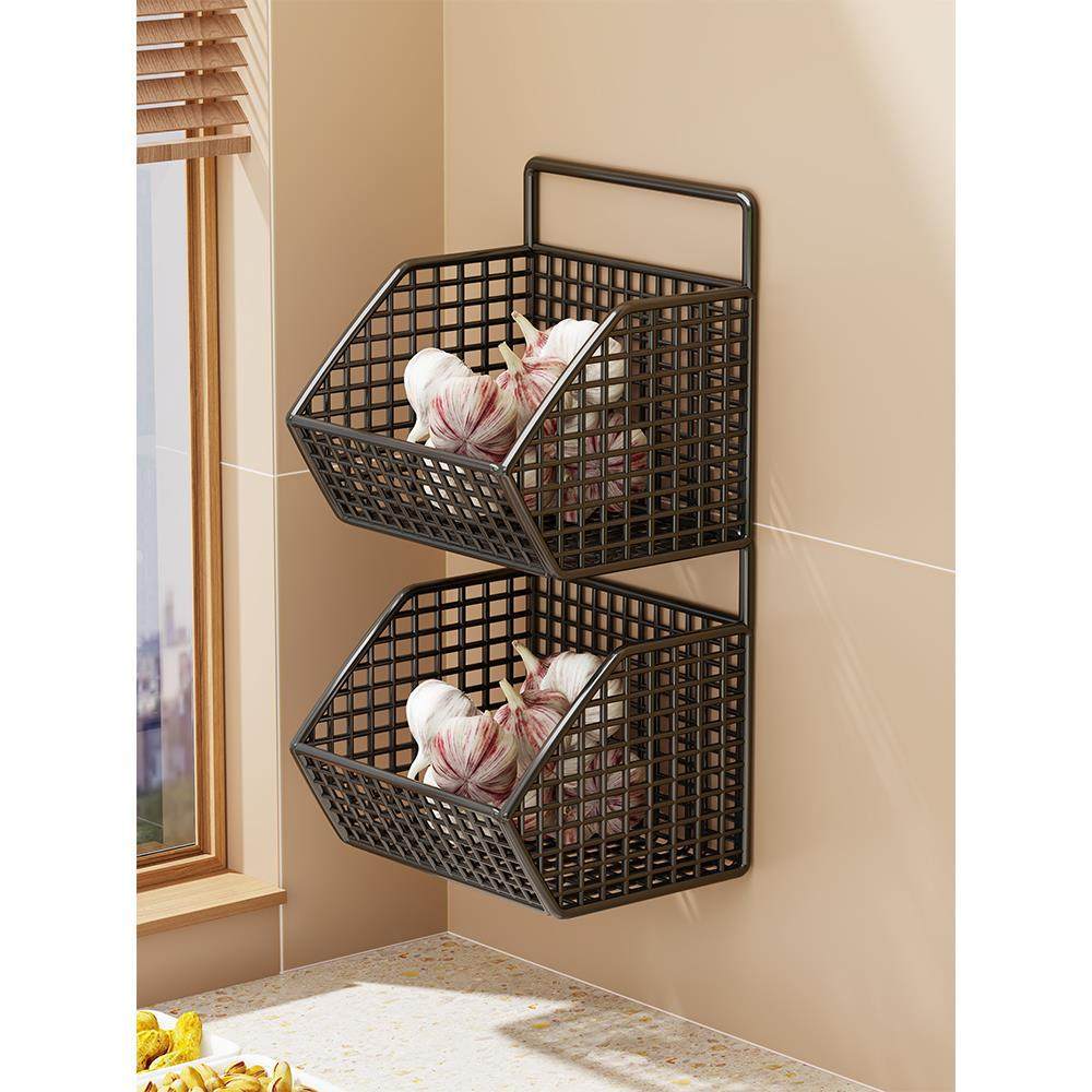 Wall-Mounted Dual-Tier Ventilated Kitchen Produce Storage Basket