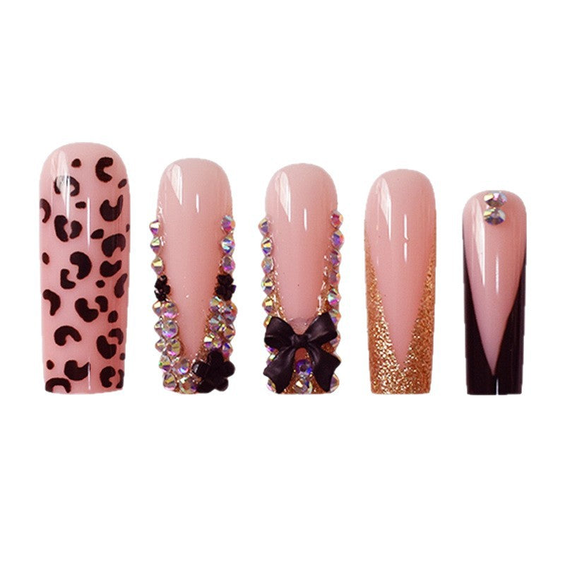 Glamorous Press-On Nail Art Set with Rhinestone and Leopard Accents Kalsten