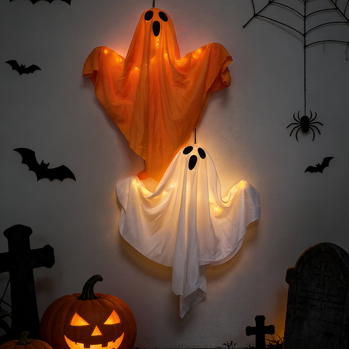Hanging ghost decoration made of fabric with integrated LED string lights