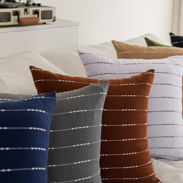 Handwoven Square Throw Pillow Cover with Horizontal Beaded Embroidered Stripes