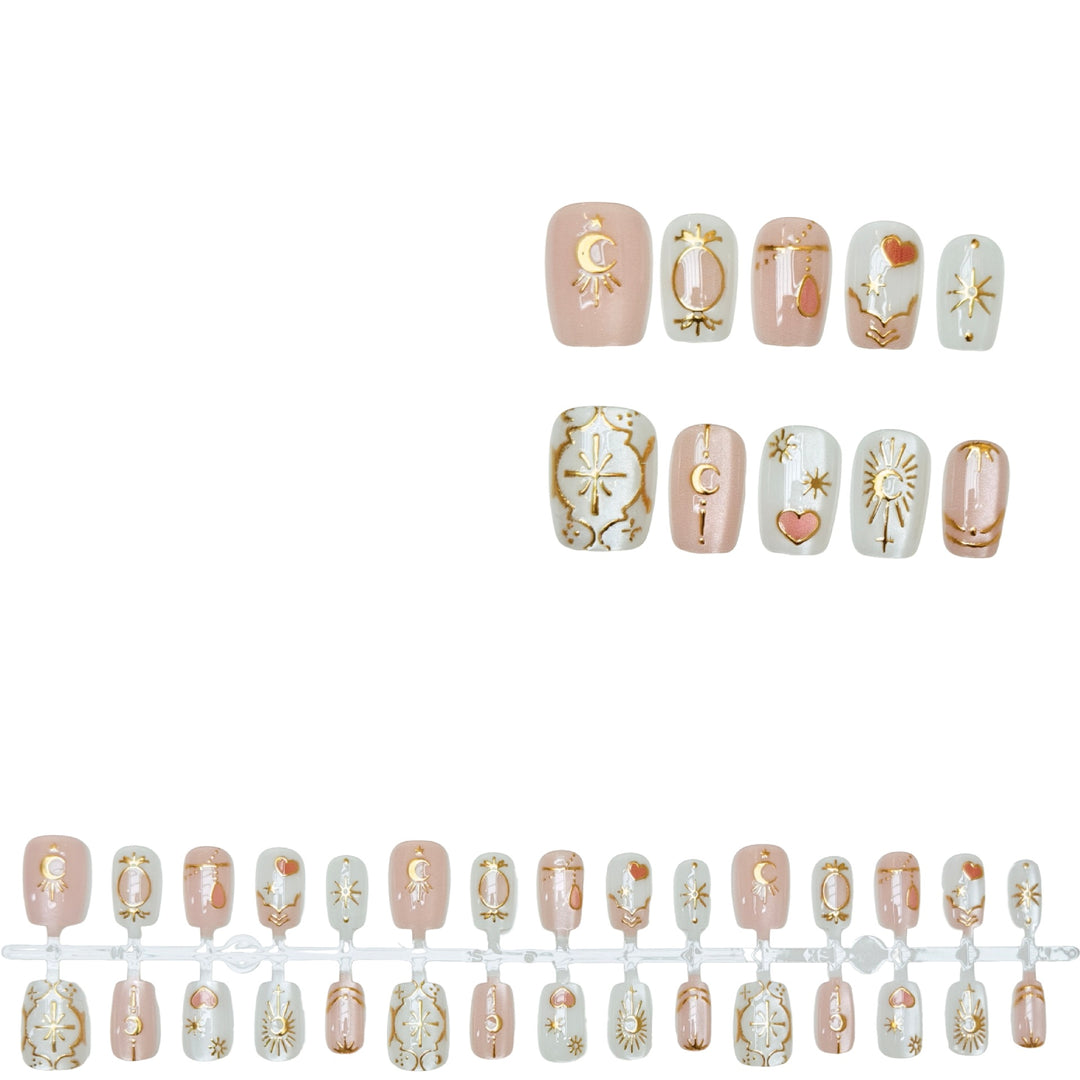Artistic Press-On Nails Set with Celestial Designs