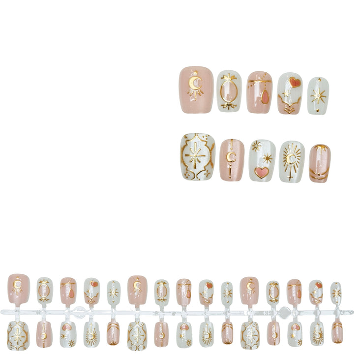Artistic Press-On Nails Set with Celestial Designs