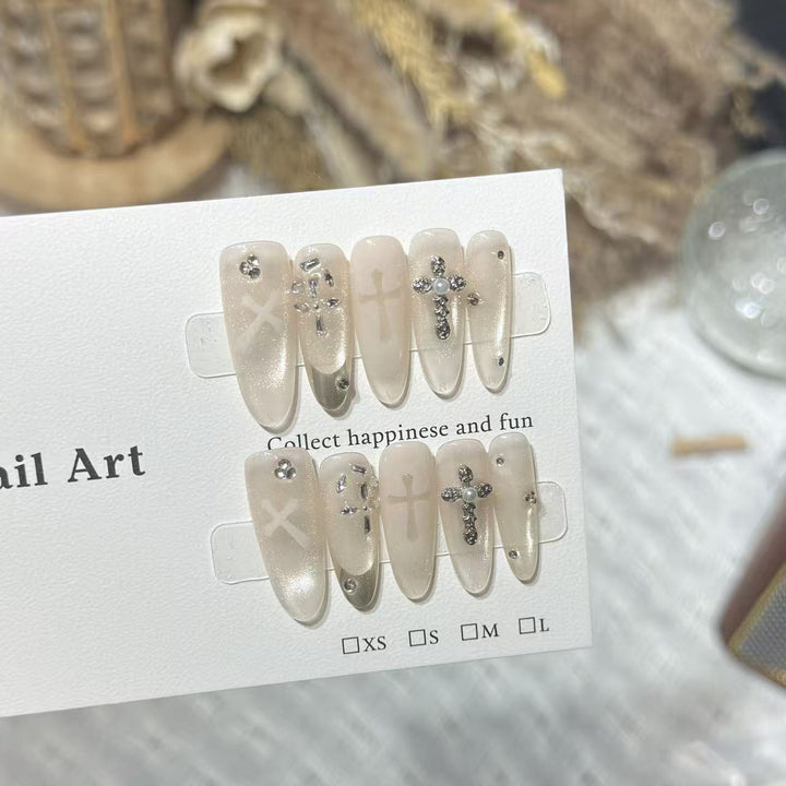 Elegant Decorative Press-On Nail Set with Rhinestone Cross Accents Kalsten
