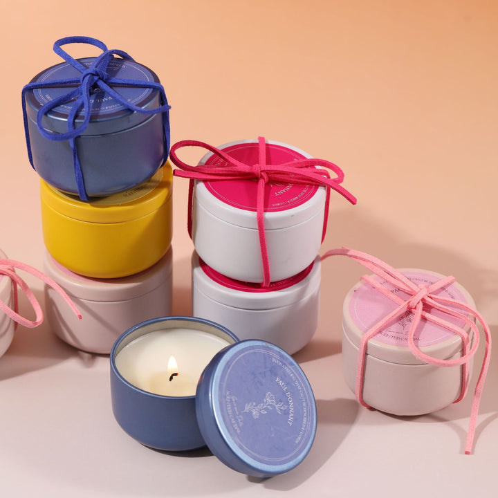 Scented Soy Candle Tin with Removable Lid and Decorative Suede Tie