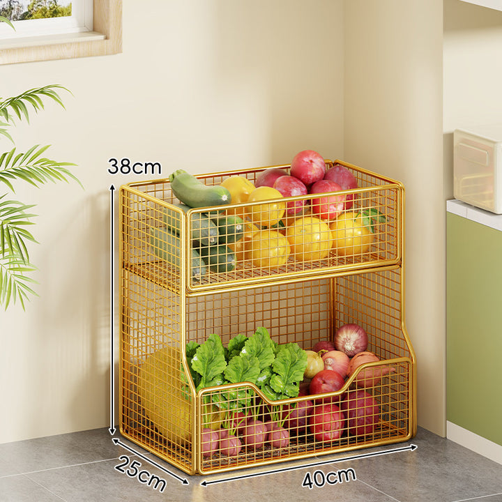 Double-Tier Metal Mesh Produce and Pantry Storage Rack with Sliding Front Baskets
