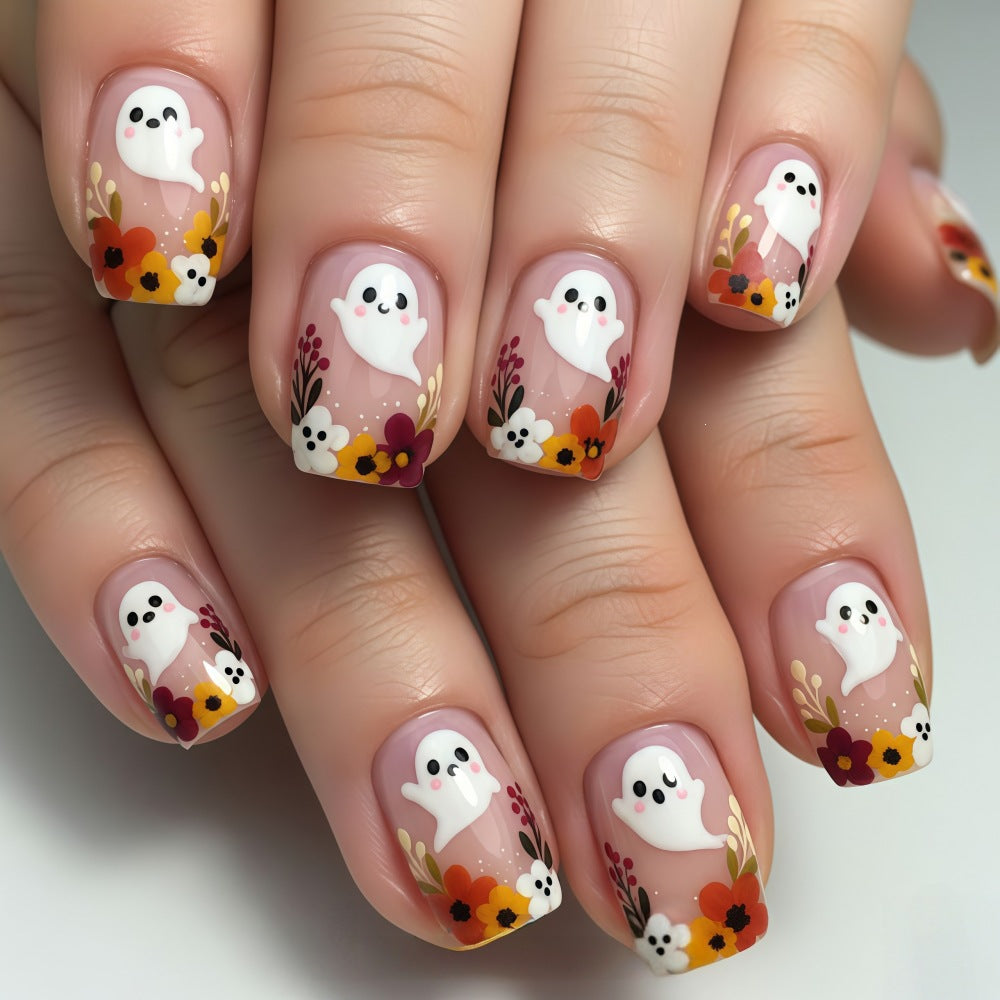 Artificial nails with ghost motif and flower accents Kalsten
