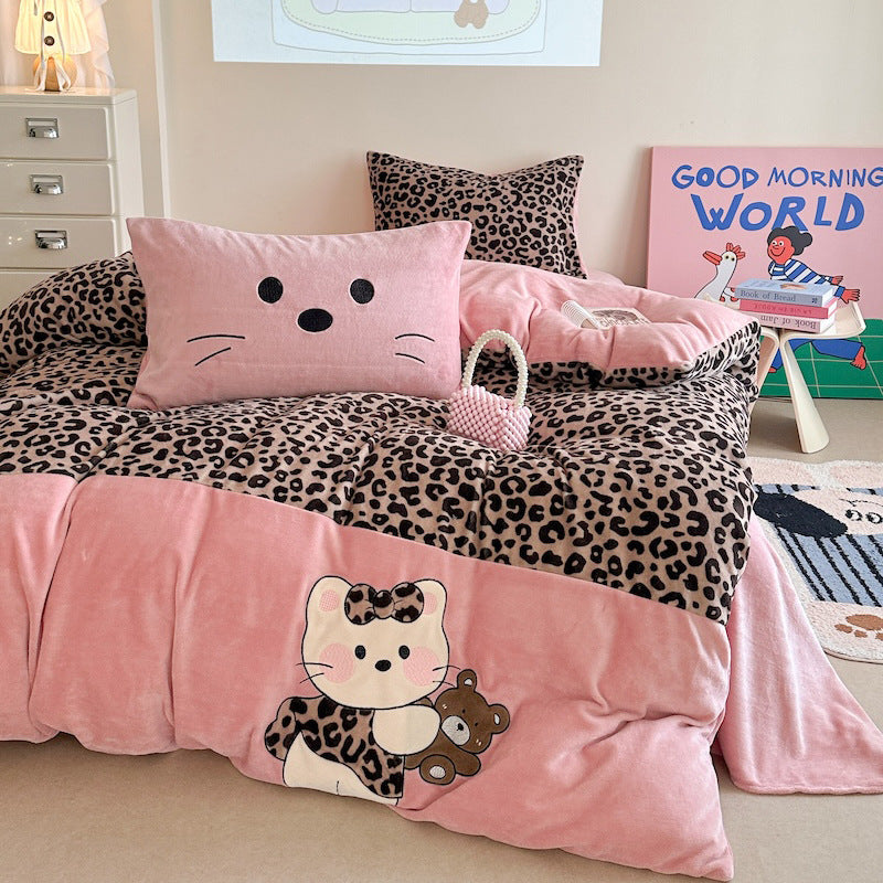 Quilted bedding and throw blanket set with check stitching, velvet texture, and floral appliqué