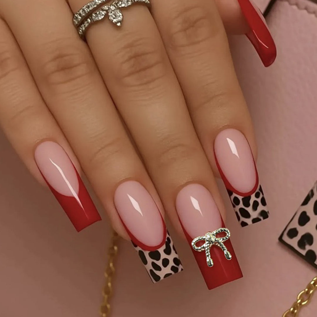 Stylish Acrylic Nail Extensions with Bow and Leopard Print Kalsten