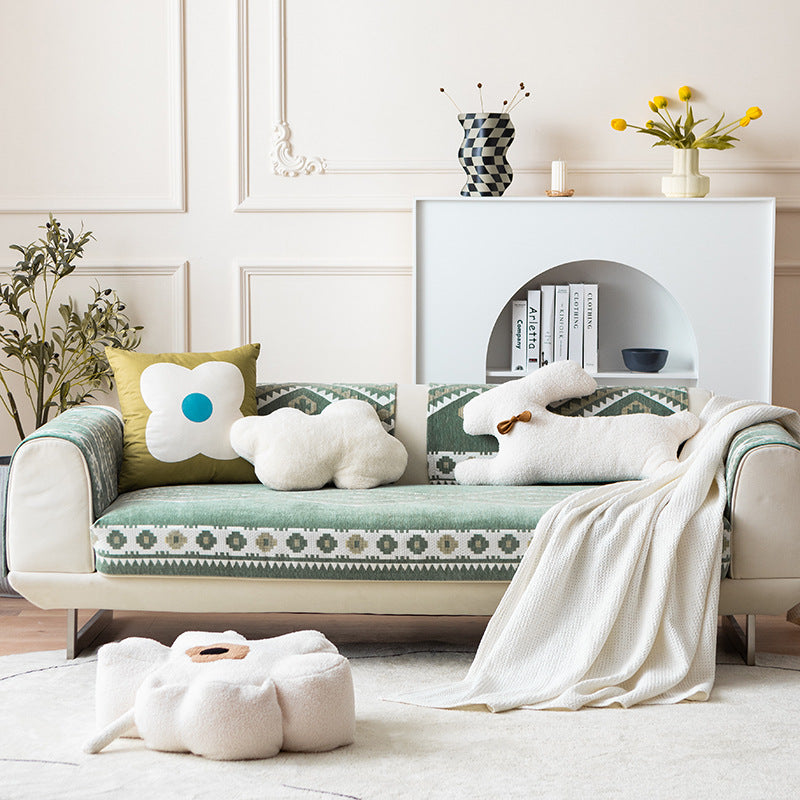 Sofa cover stretch throw with non-slip back coating and geometric ethnic pattern