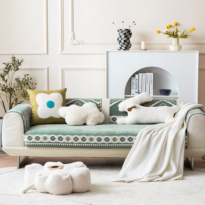Sofa cover stretch throw with non-slip back coating and geometric ethnic pattern