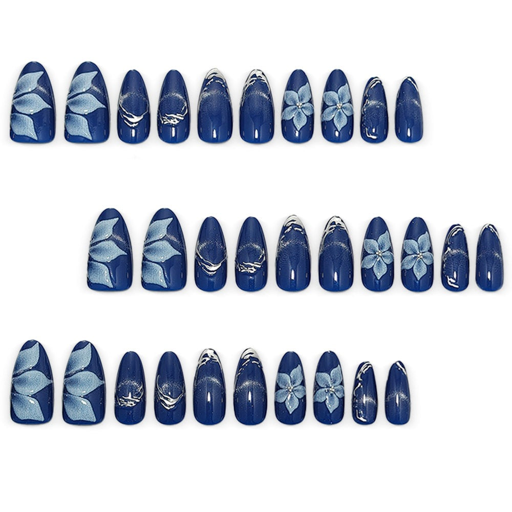 Acrylic Nail Set with Elegant Blue Ombre and Floral Design Kalsten