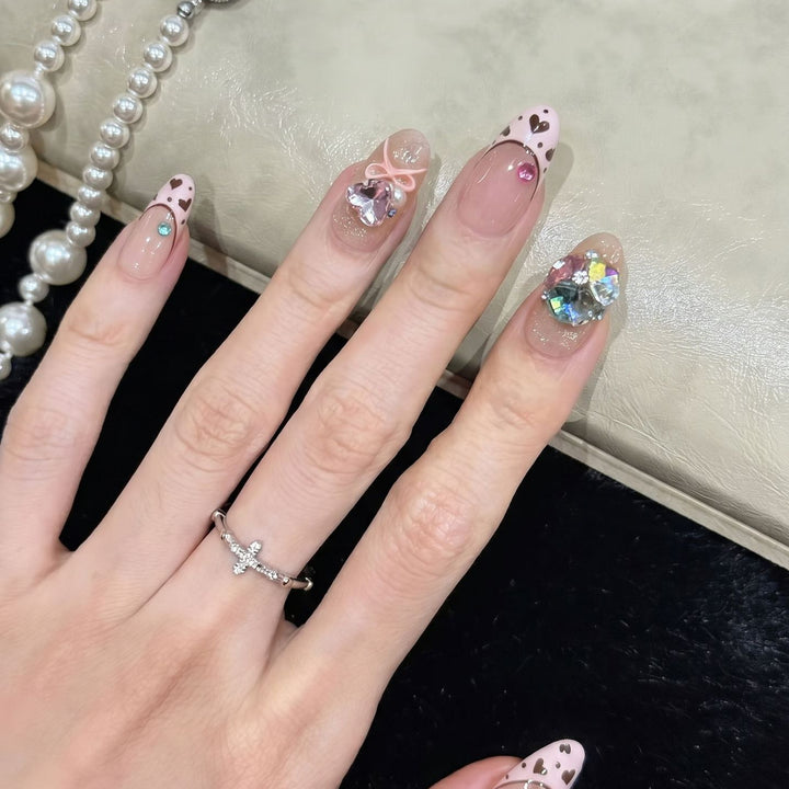 Decorative Press-On Nail Art Set with Heart and Gem Accents Kalsten