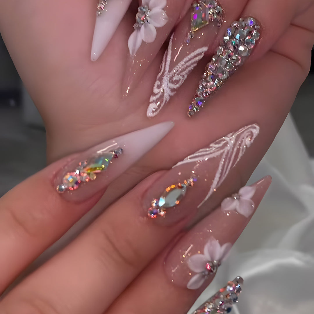 Decorative Stiletto Press-On Nails with Floral and Rhinestone Design Kalsten
