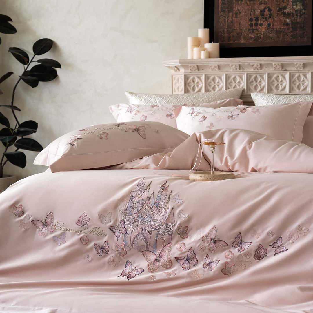 Embroidered cotton satin bedding set with blue butterfly motif