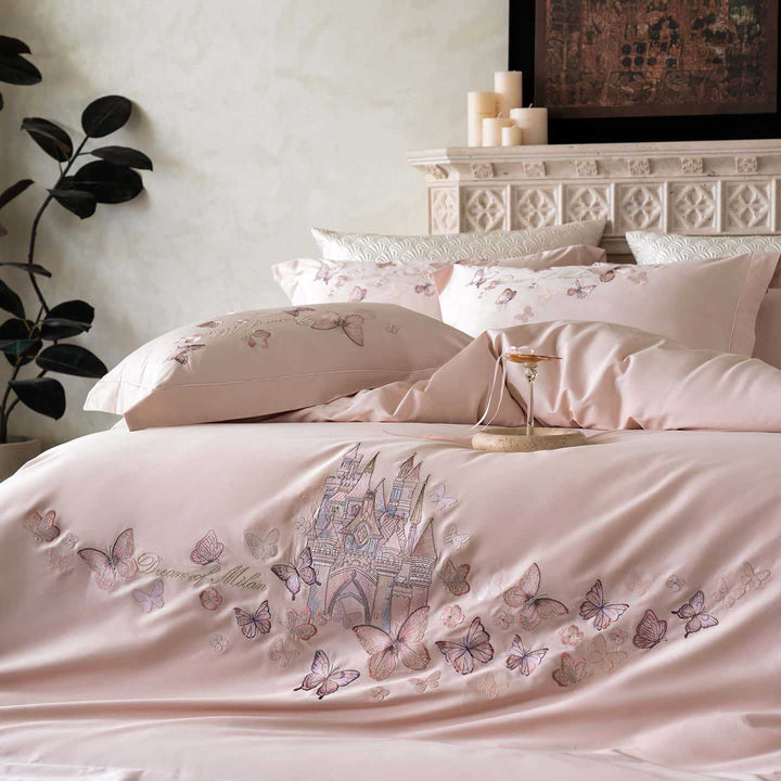 Embroidered cotton satin bedding set with blue butterfly motif