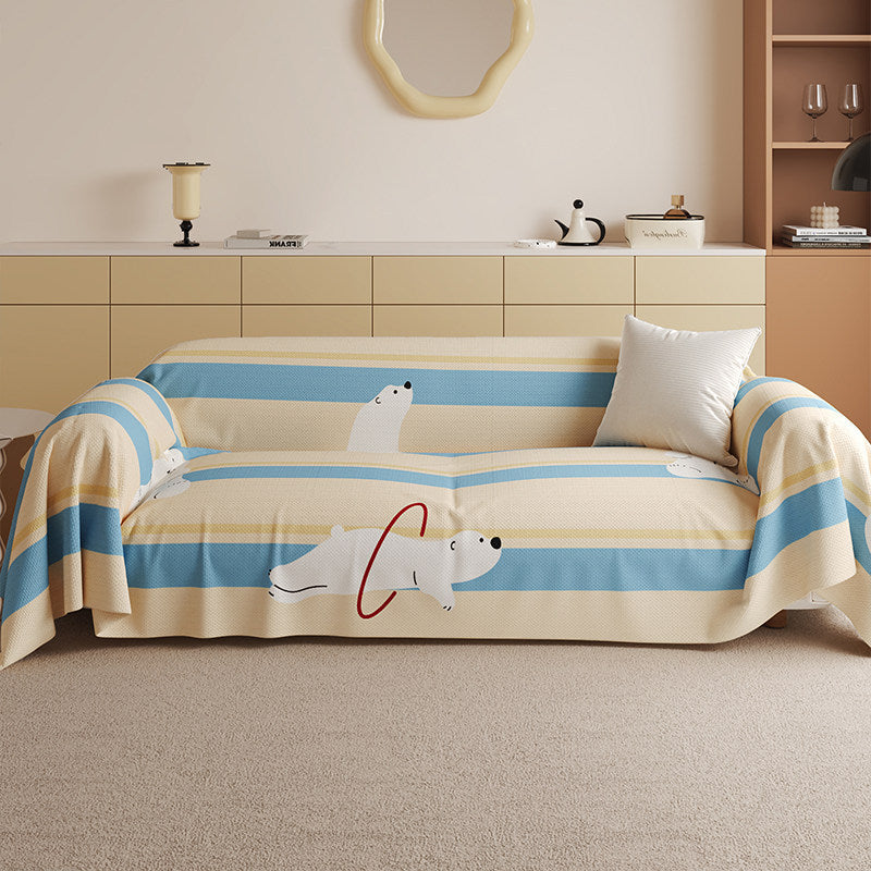 Stretch-Fit Checkerboard Sofa Slipcover with Cute Cat Illustration