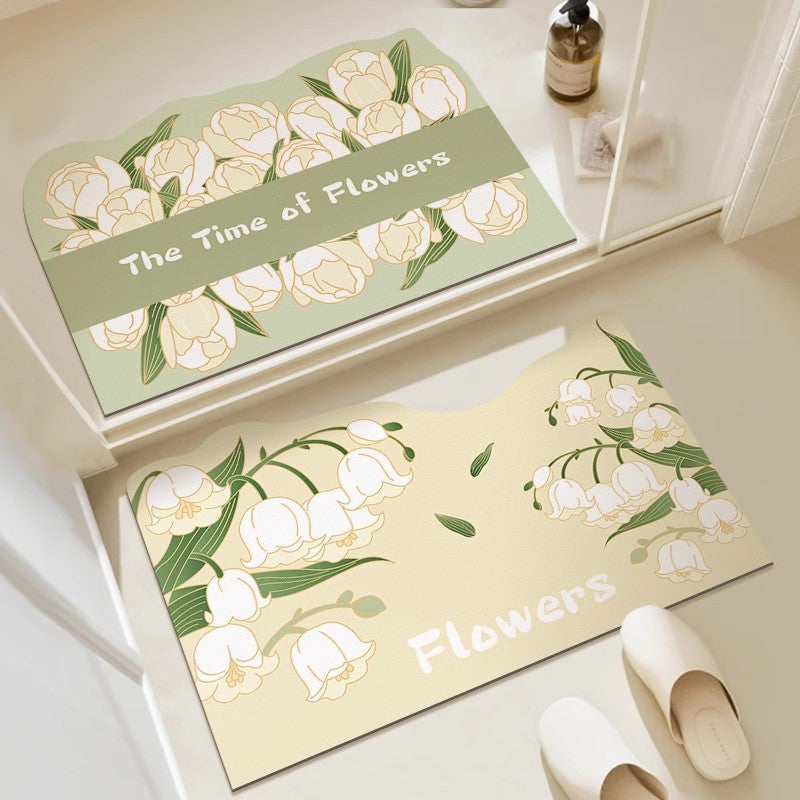 Absorbent Non-Slip Entrance Doormat with Tulip Illustration and 'The Time of Flowers' Typography