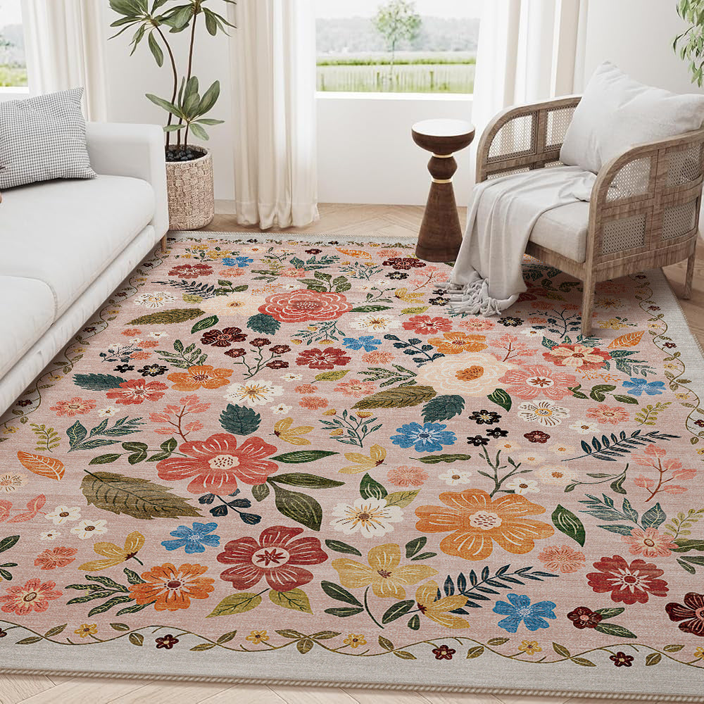 Large Floral Printed Low-Pile Machine-Woven Area Rug with Stain-Resistant Finish