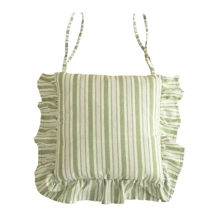 Striped chair cushion with ties, ruffled hem and linen look