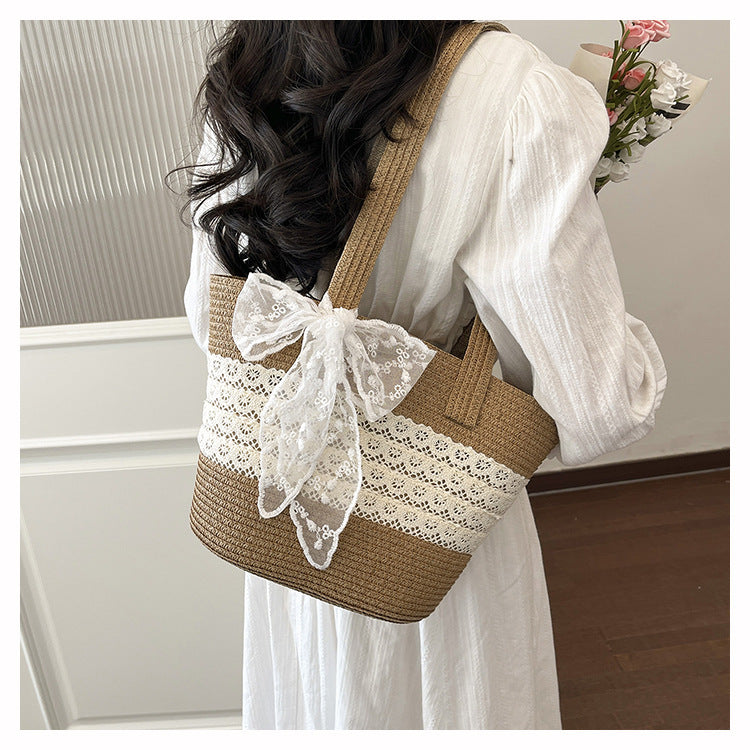 Elegant Lace-Embellished Straw Tote