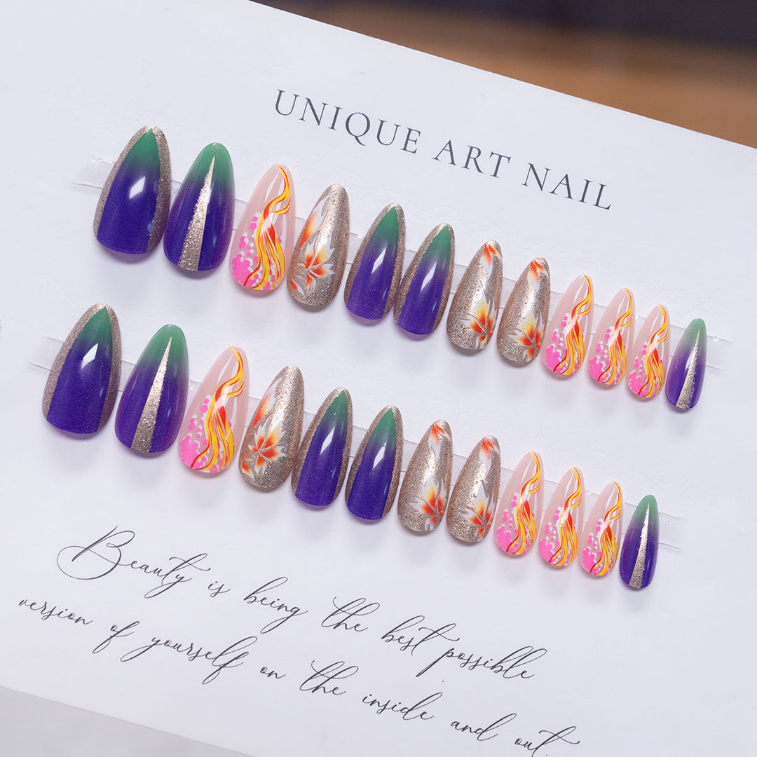Artistic Stiletto Press-On Nail Art with Floral Accents