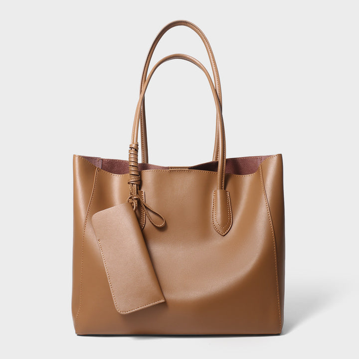 Leather Structured Tote Bag with Detachable Pouch
