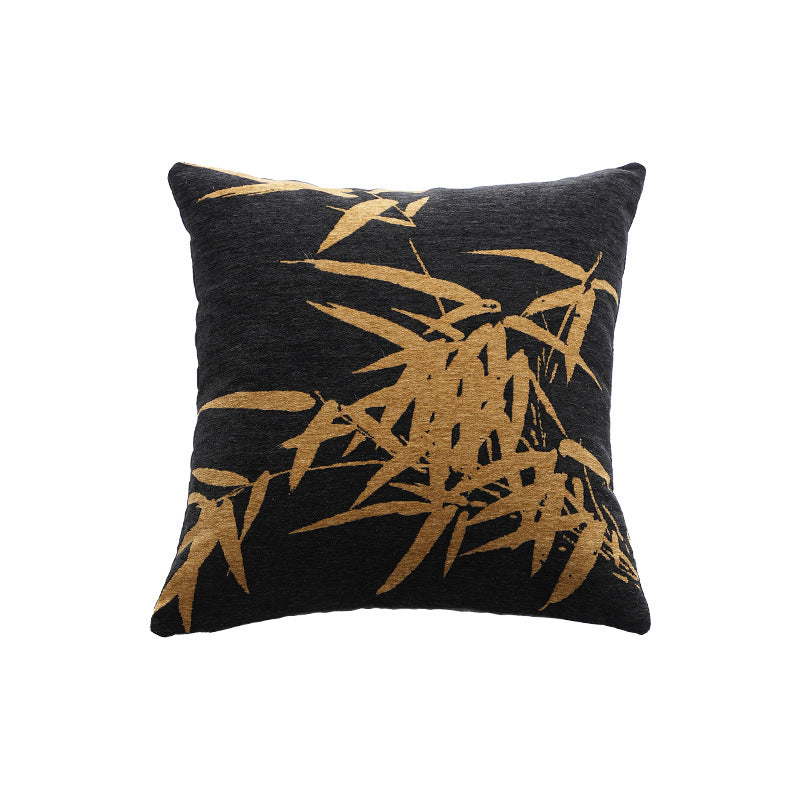 Decorative velvet cushion with embroidered bamboo motif and piping
