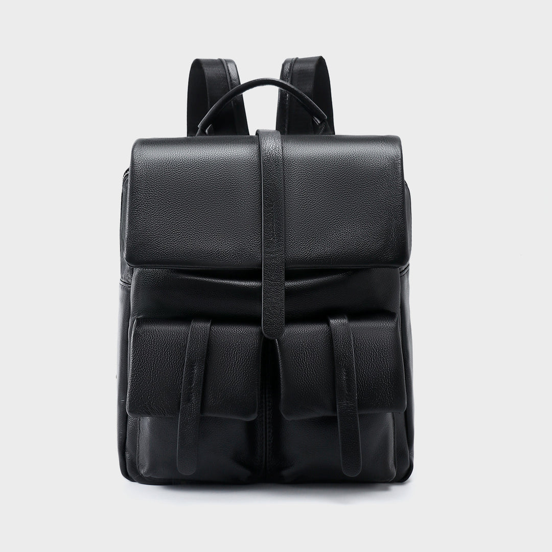 Leather Flap Backpack with Dual Front Pouches and Top Handle