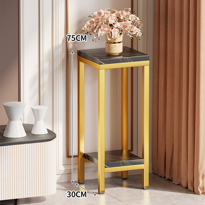 Tall Narrow Marble-Top Plant Stand Side Table with Lower Shelf and Gold Metal Frame