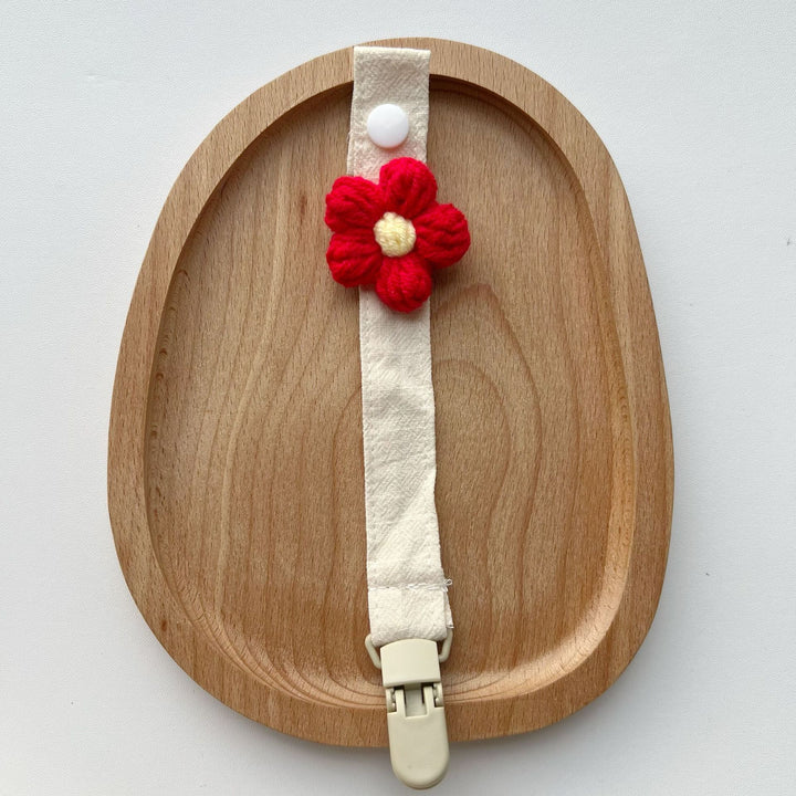 Crocheted Flower Pacifier and Teether Clip with Organic Cotton Strap
