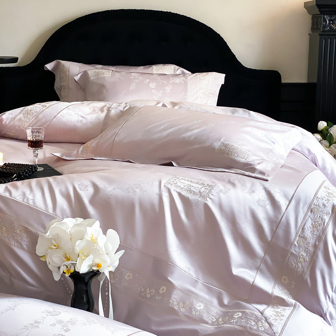 Fine satin bedding set with tonal floral jacquard and fine embroidered border
