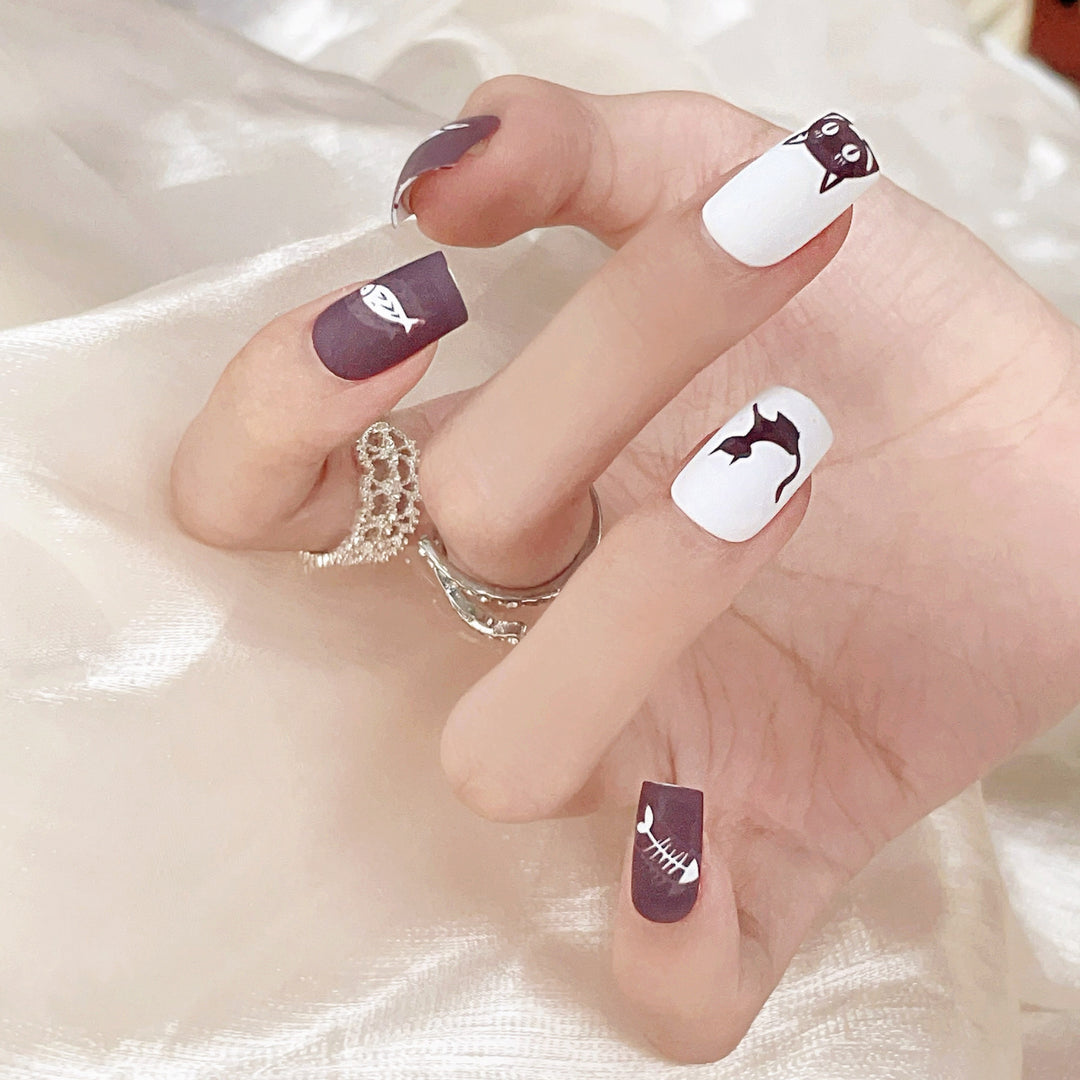 Whimsical Cat-Themed Press-On Nail Art Set