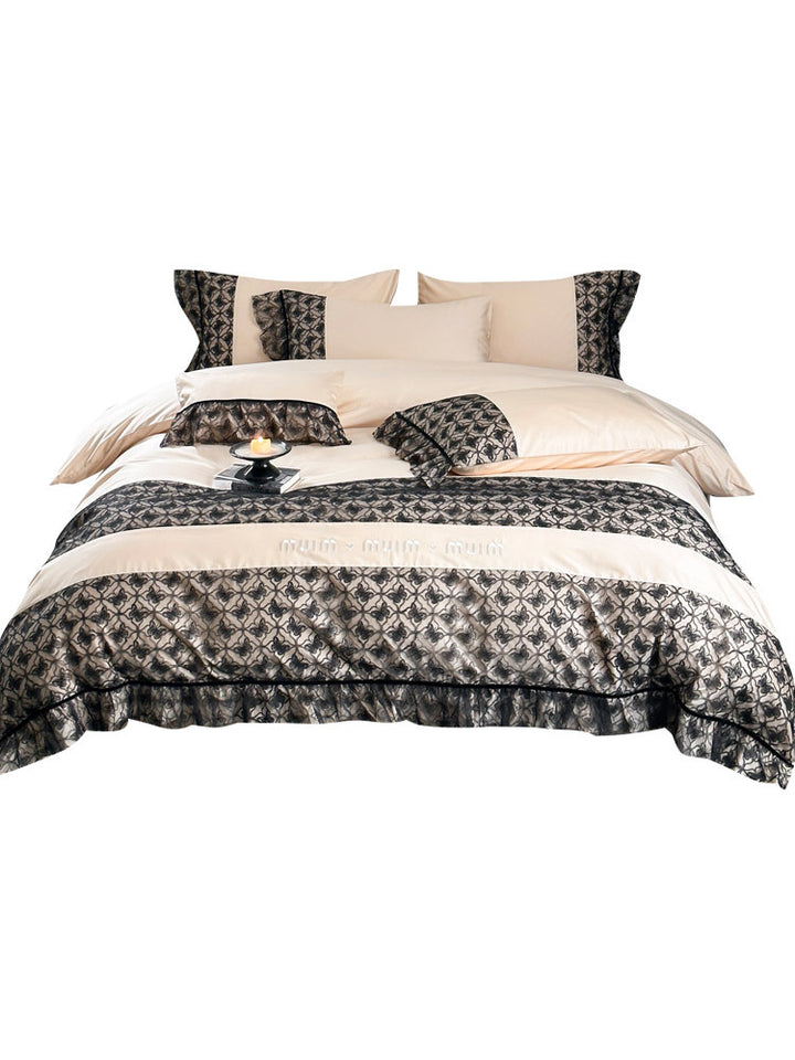 Luxurious Reversible Cotton Satin Bedding Set with Jacquard Border and Ruffle