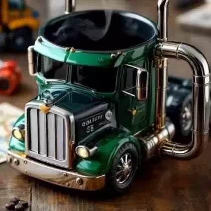 Novelty Ceramic 3D Semi Truck Coffee Mug With Sculpted Chrome Exhaust Handle