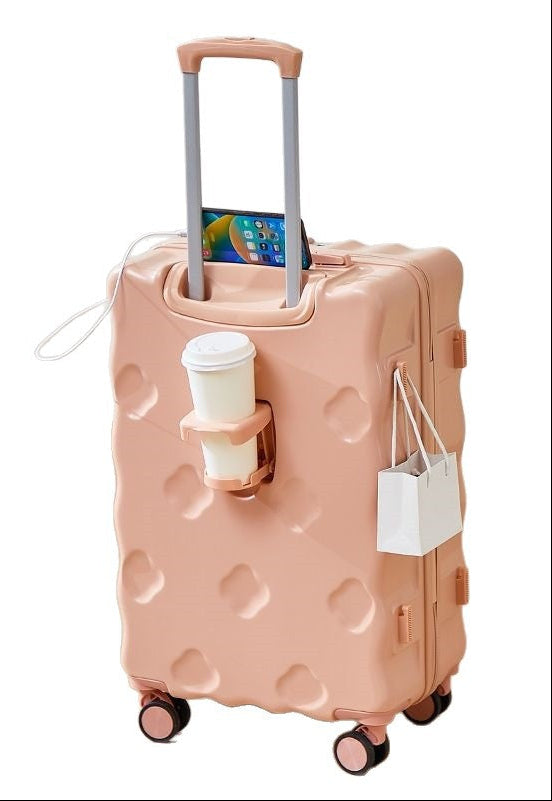hard-shell carry-on suitcase with integrated foldable cup holder phone cradle USB charging port and external bag hooks Kalsten