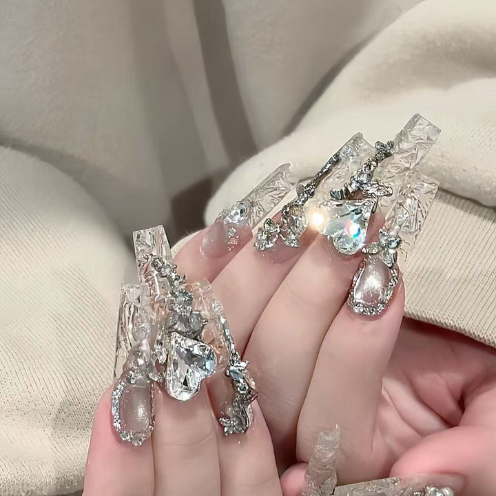 Luxury Crystal-Accented Long Nail Art Extensions