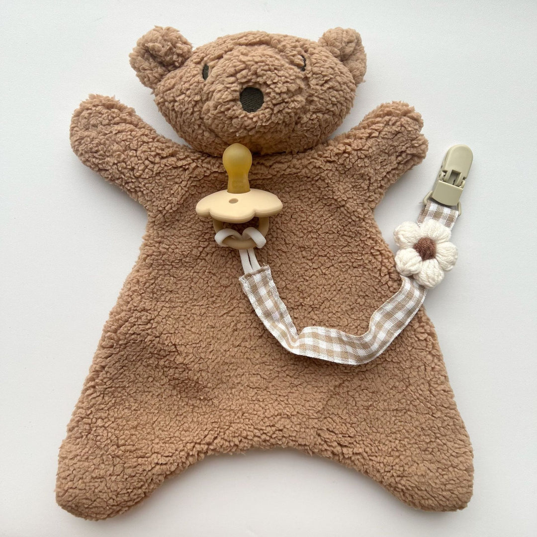 Pacifier and Teether Clip with Wooden Safety Clip and Crochet Flower