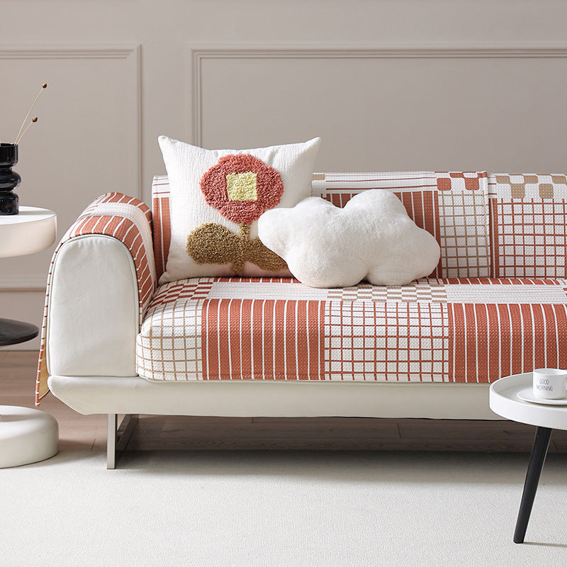 Stretch sofa cover with woven ethno jacquard and anti-slip