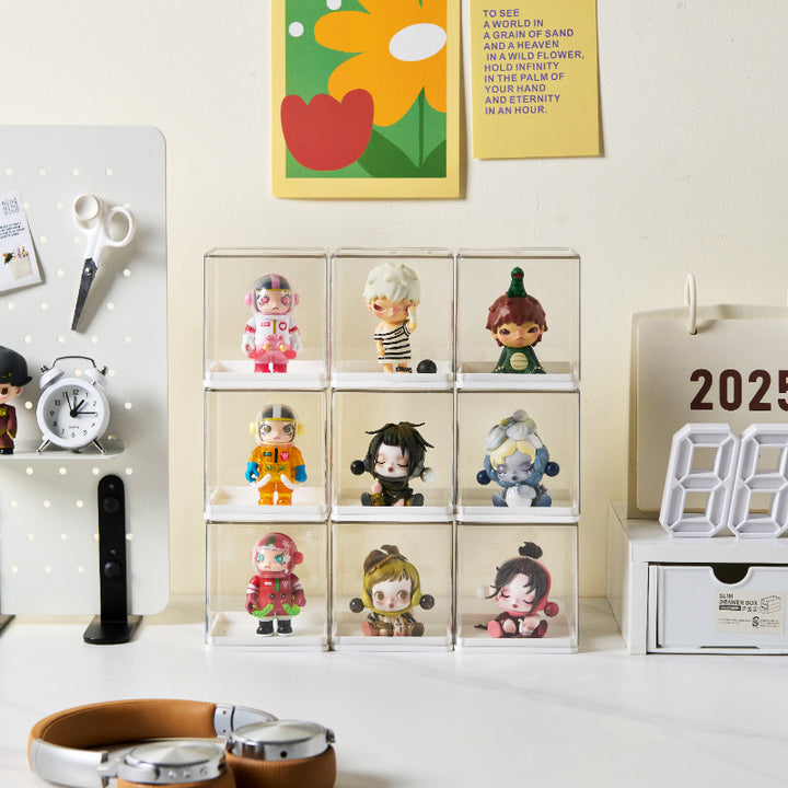Stackable acrylic display box for collectible figures with removable lid and dust-proof protection