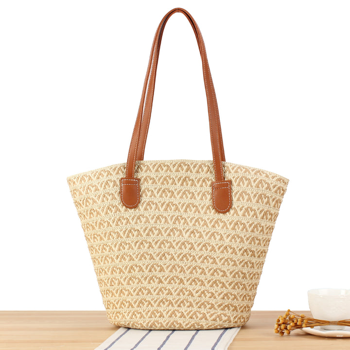 Designer straw bag with contrasting pattern and elegant leather handles Kalsten